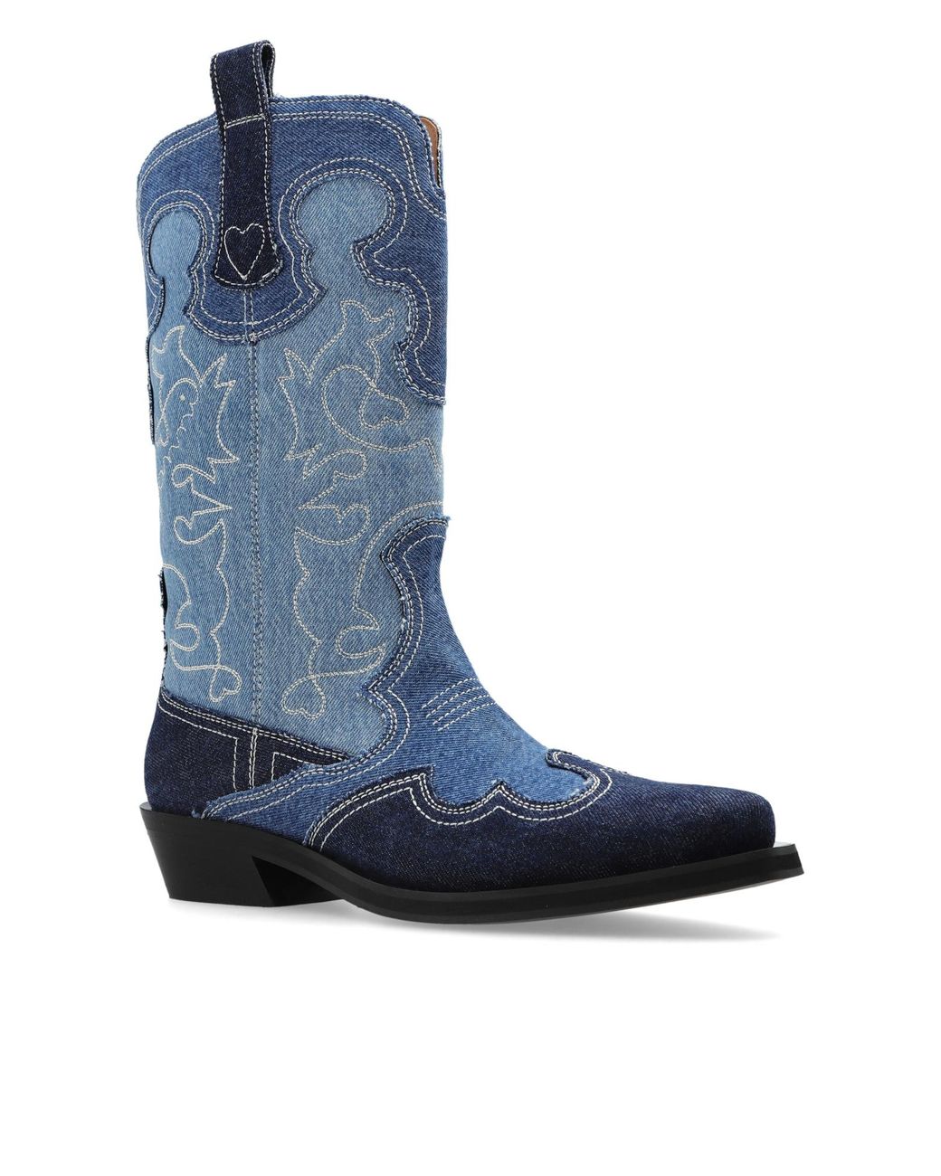 Ganni Blue Embroidered Denim Boots