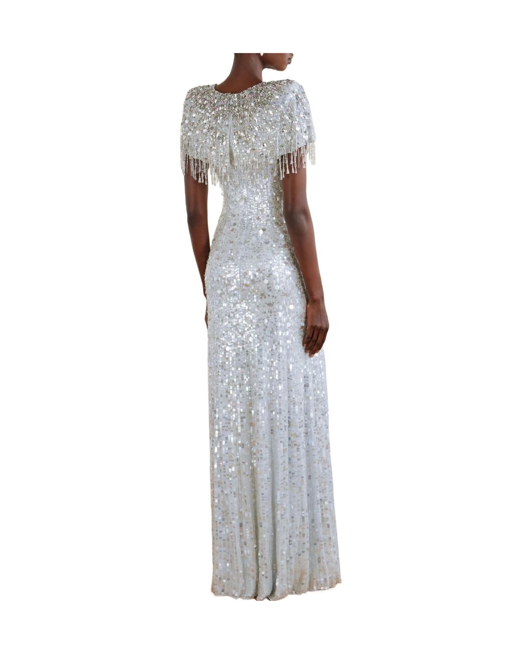 Jenny Packham White Crystal-Embellished Sequined Chiffon Gown