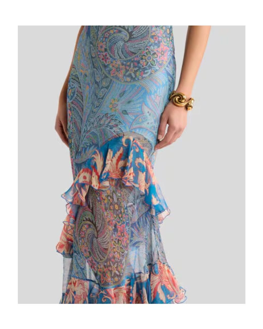 Etro Blue Floral-Printed Sleeveless Ruffled Dress