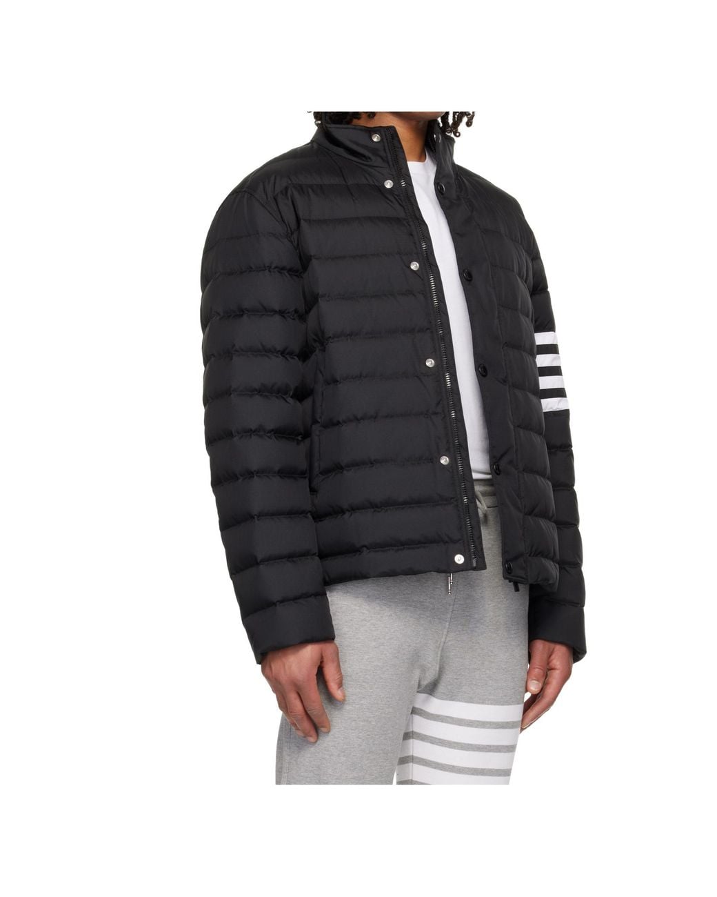 Thom Browne Black Shiny Ripstop Lightweight Down Filled-Bar Jacket for men