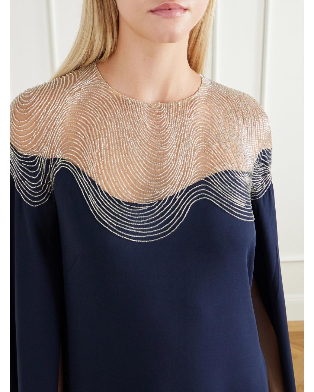 Oscar de la Renta Blue Embellished Stretch-Silk Georgette Gown