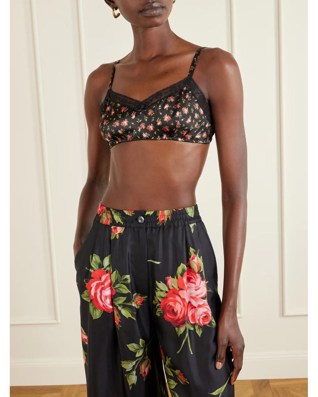 Dolce & Gabbana Black Floral-Print Lace Bra