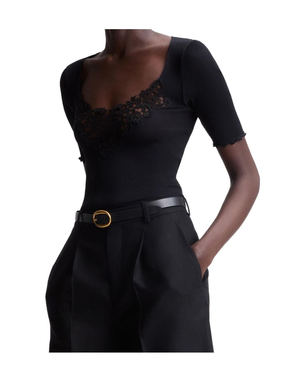 Saint Laurent Black Guipure Ribbed Top