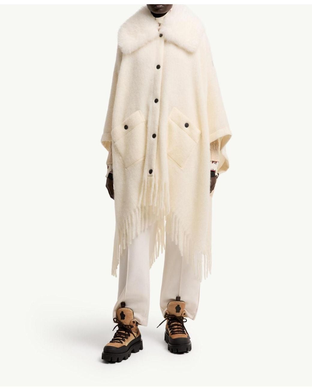 Moncler Natural Shearling Collar Mohair, Alpaca Wool Blend Cape