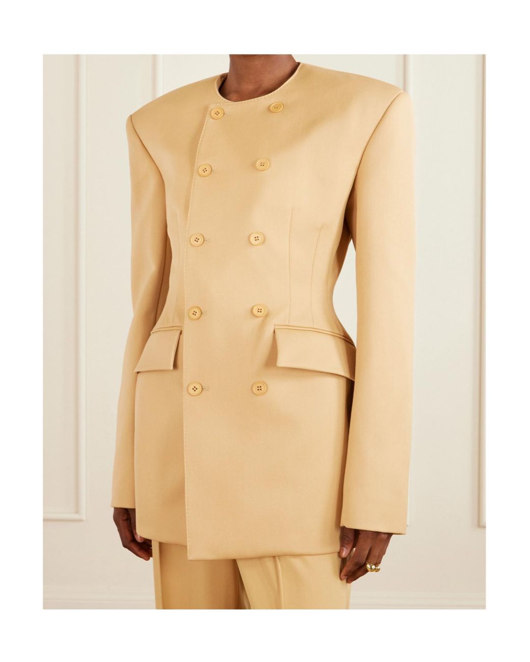 Wardrobe NYC Natural Double-Breasted Long-Sleeved Suit Jacket