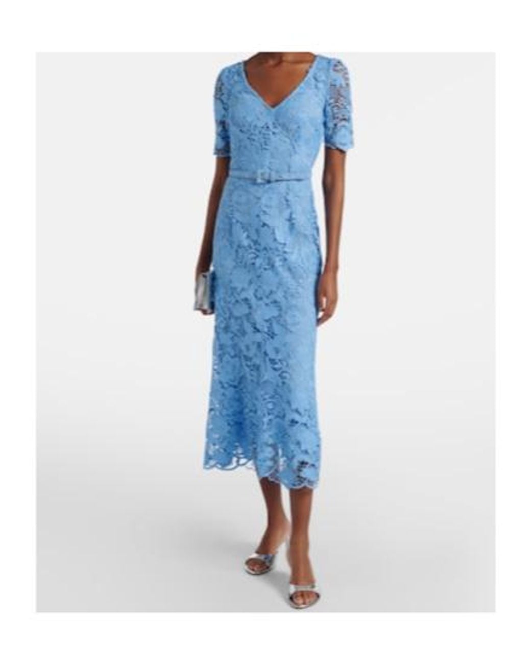 Monique Lhuillier Blue Belted Lace Midi Dress