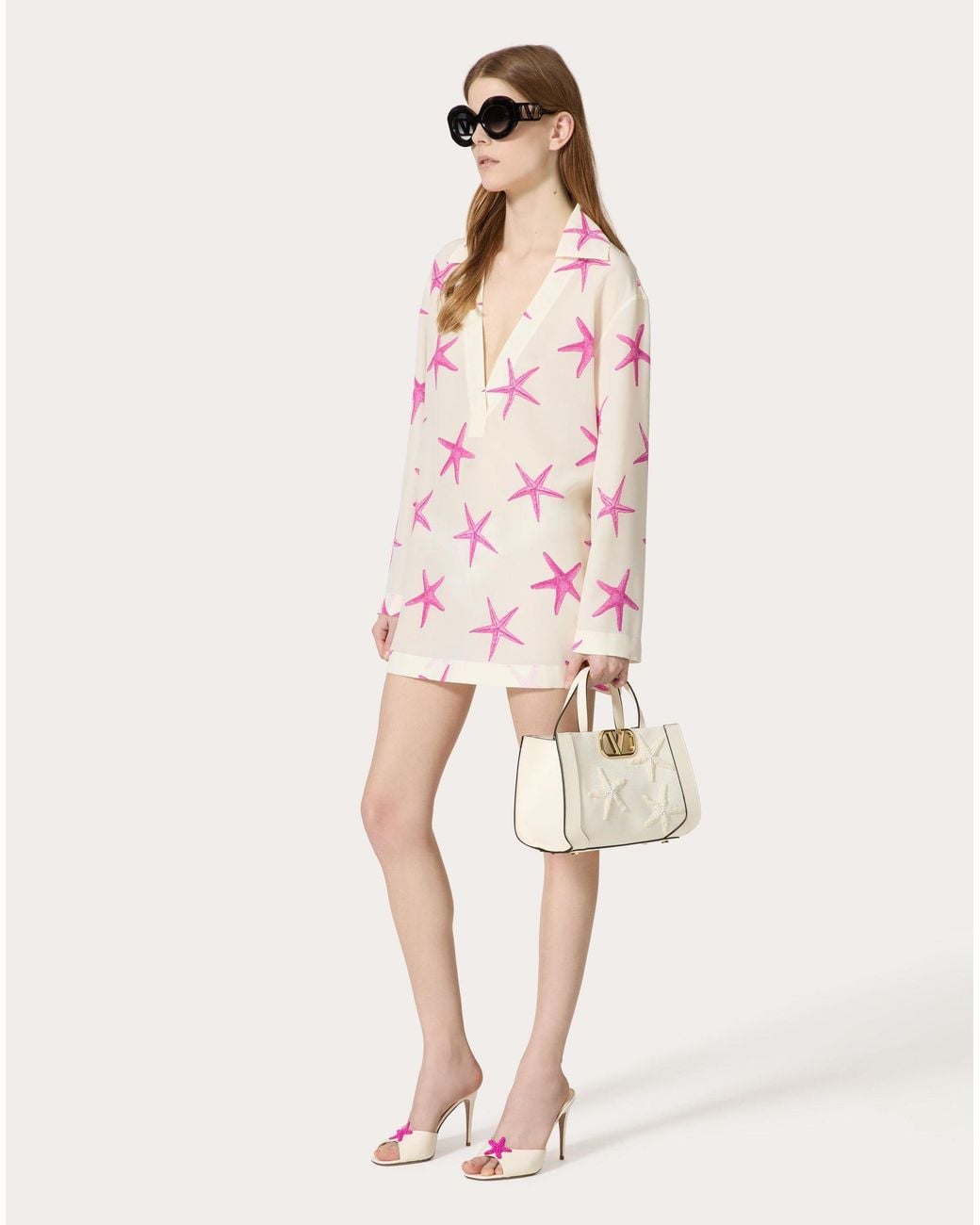 Valentino Pink All-Over Star Patterned V-Neck Dress