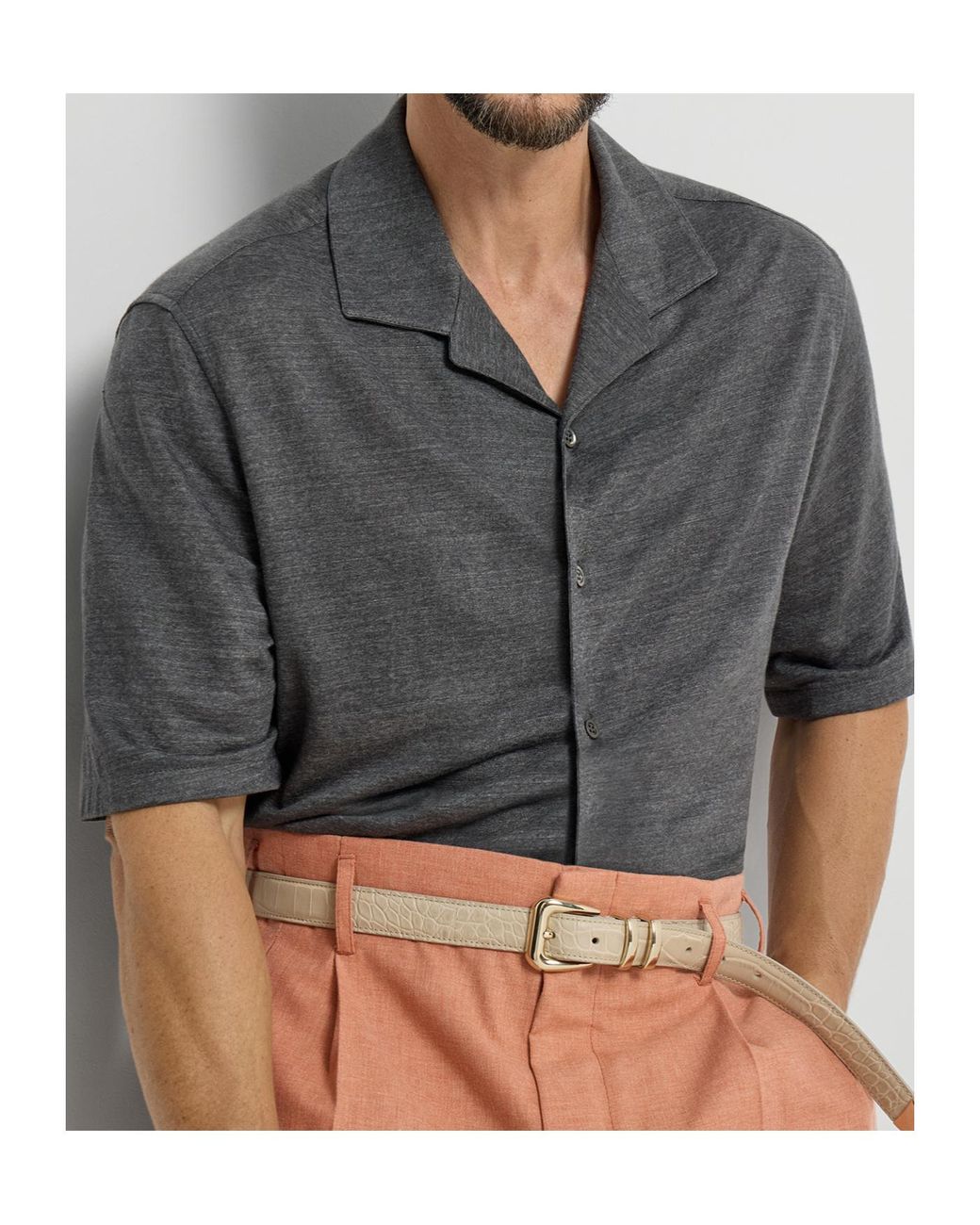 Brunello Cucinelli Gray Camp Collar Short Sleeve Shirt for men