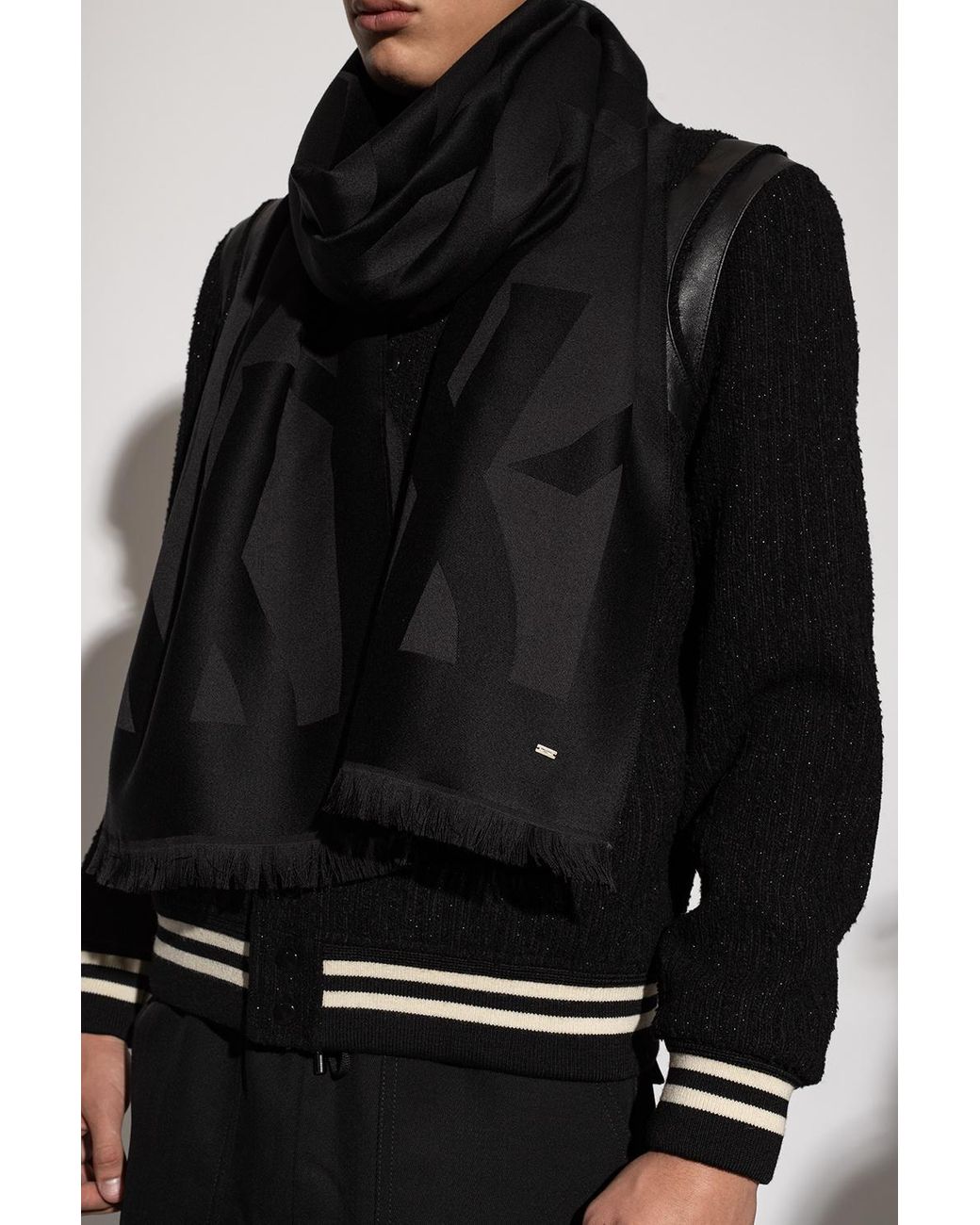 Saint Laurent Black Monogram Frayed Edge Scarf for men