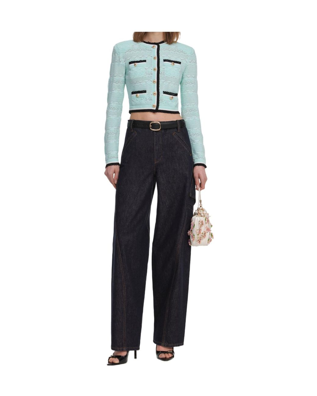 Self-Portrait Blue Pointelle Cropped Cardigan