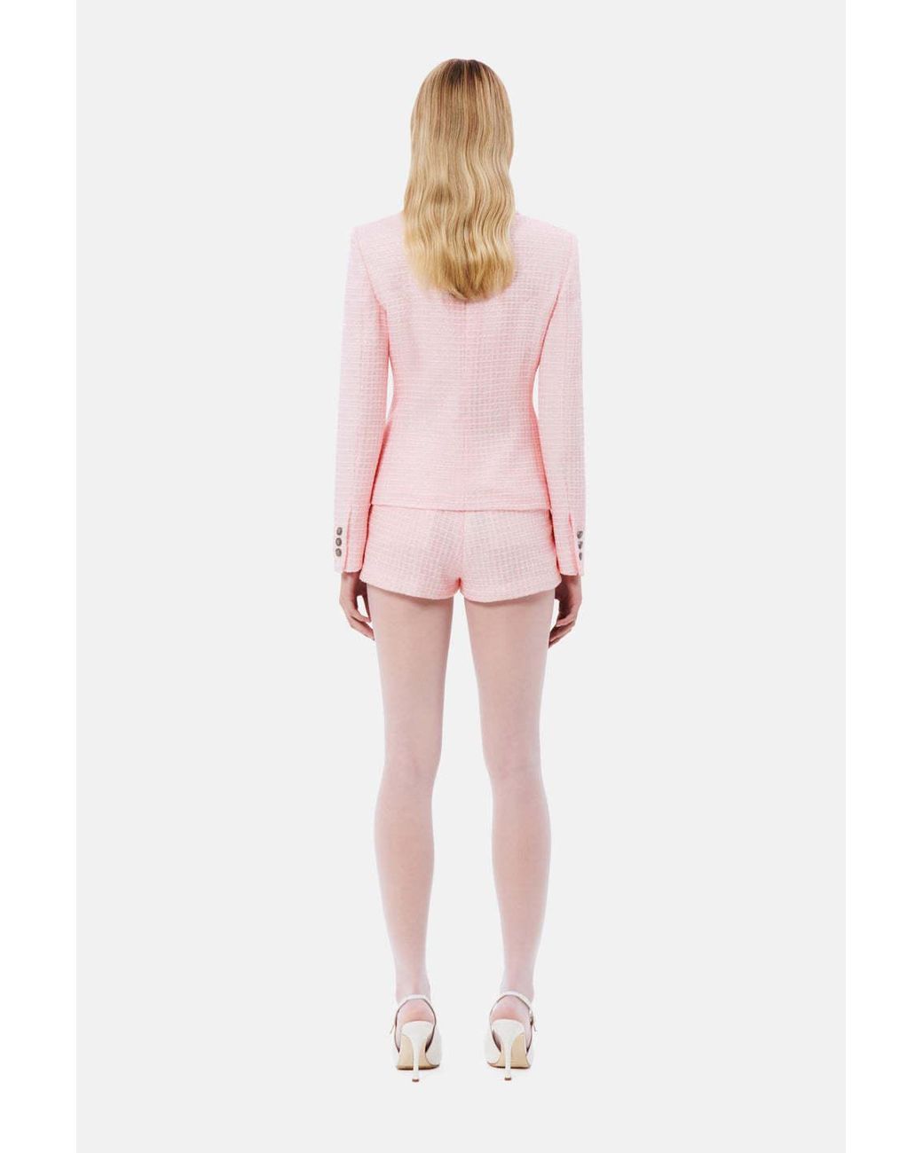 Alessandra Rich Pink Check Pattern Embellished Tweed Blazer