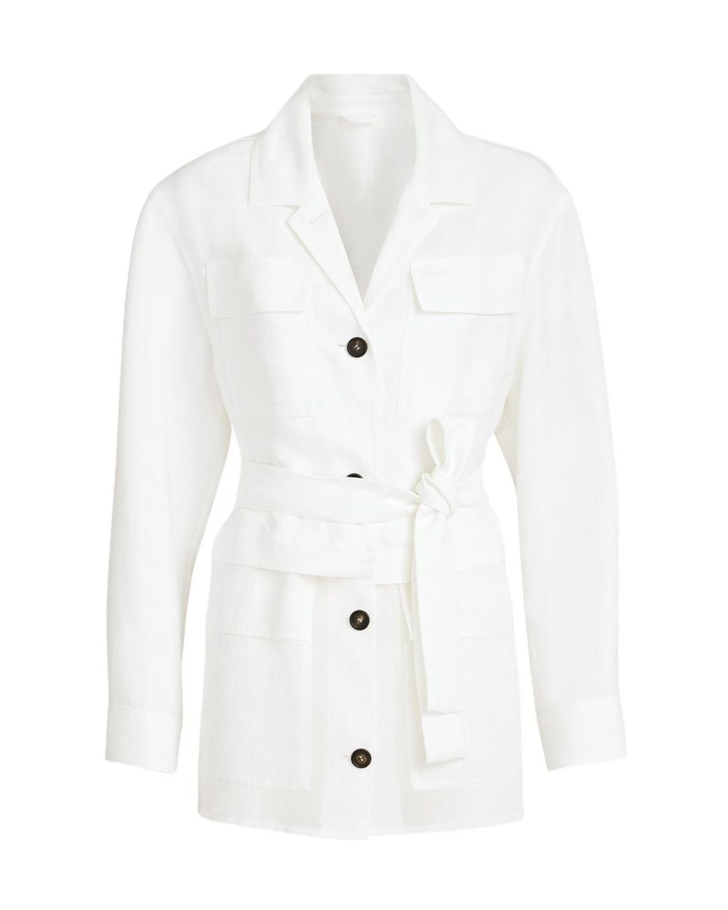 Brunello Cucinelli White Viscose And Linen Fluid Twill Safari Jacket With Monili