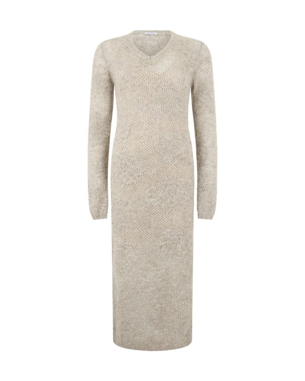 Brunello Cucinelli Natural Sequin-Embellished Open-Knit Midi Dress