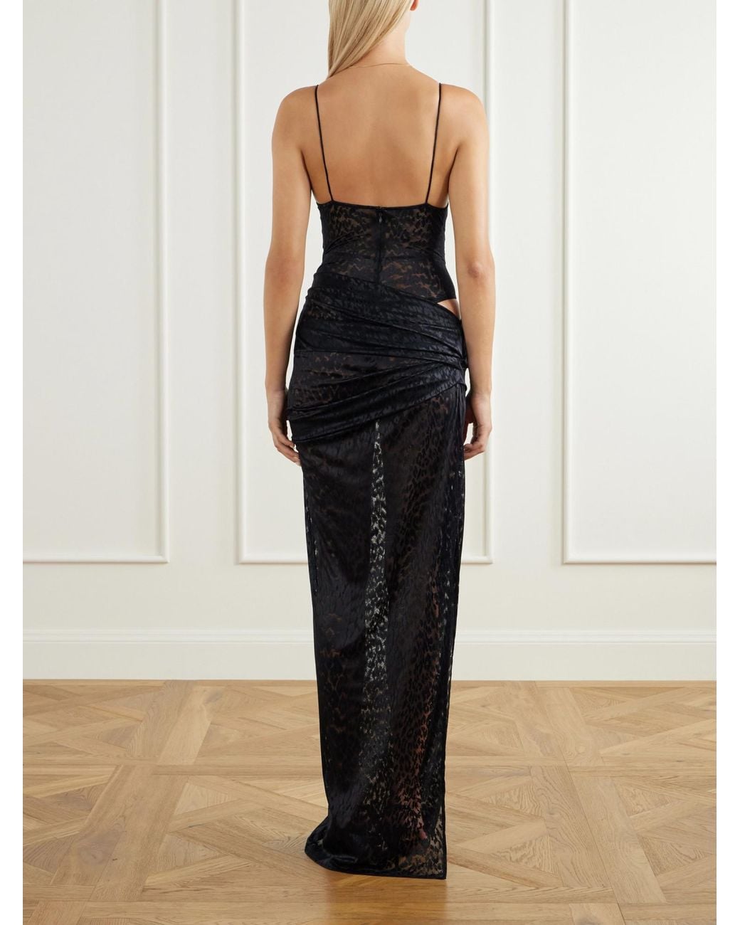 Alex Perry Black Draped Cut-Out Leopard-Print Lace Maxi Dress