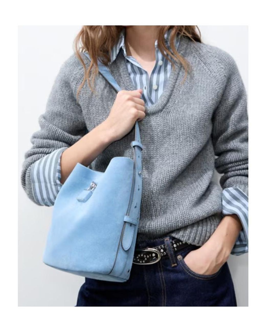 Tory Burch Blue Medium Lock Suede Slim Bucket Bag