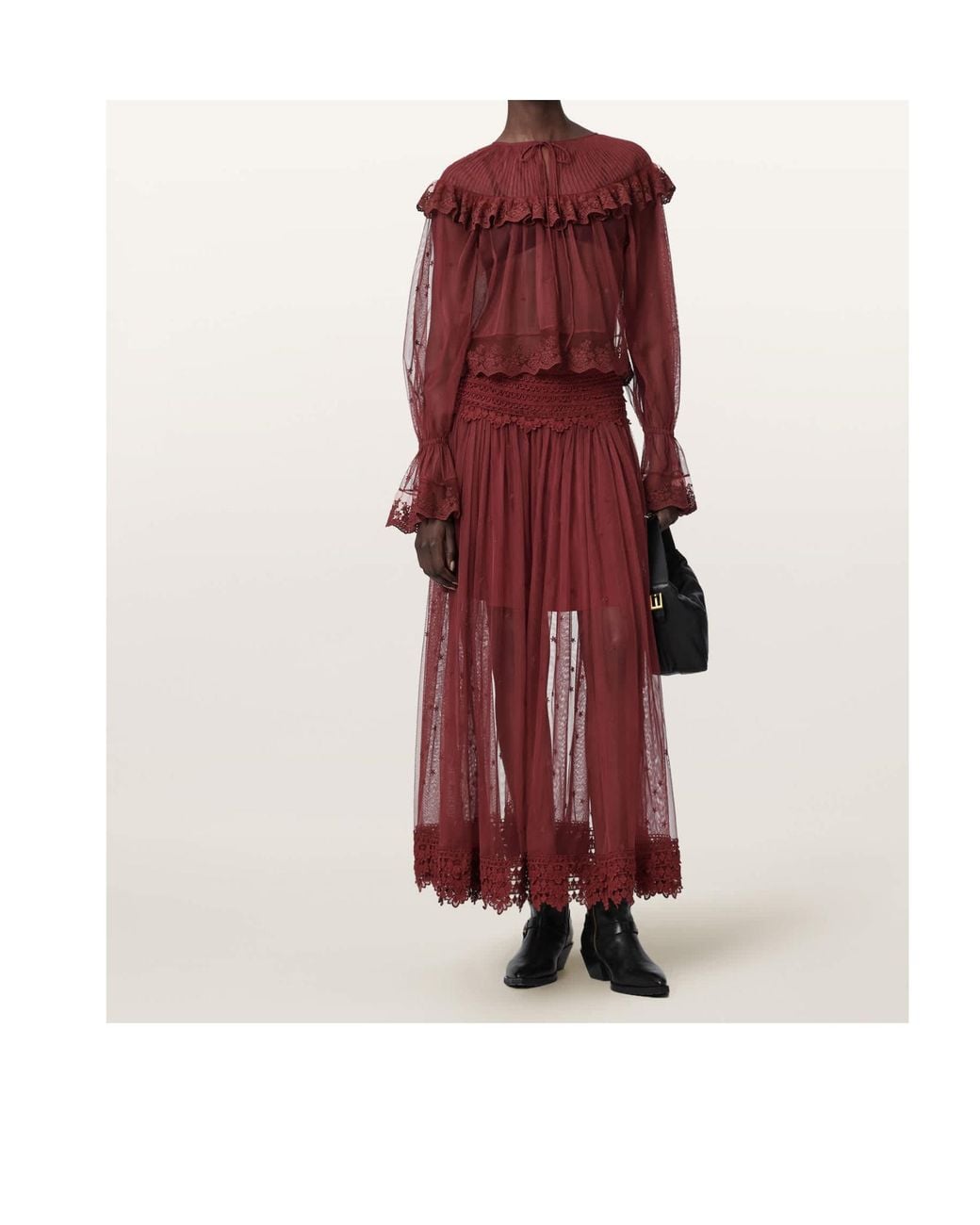 AllSaints Red Trixie Lace Trim Midi Skirt