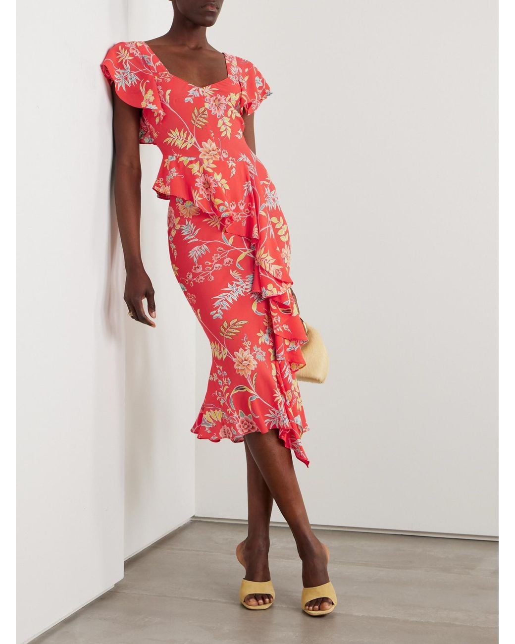 Etro Red Floral-Print Crepe Midi Dress