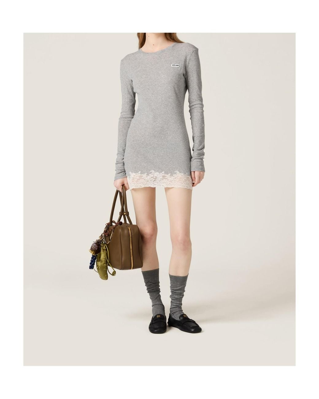 Miu Miu Gray Ribbed Jersey And Lace Dress
