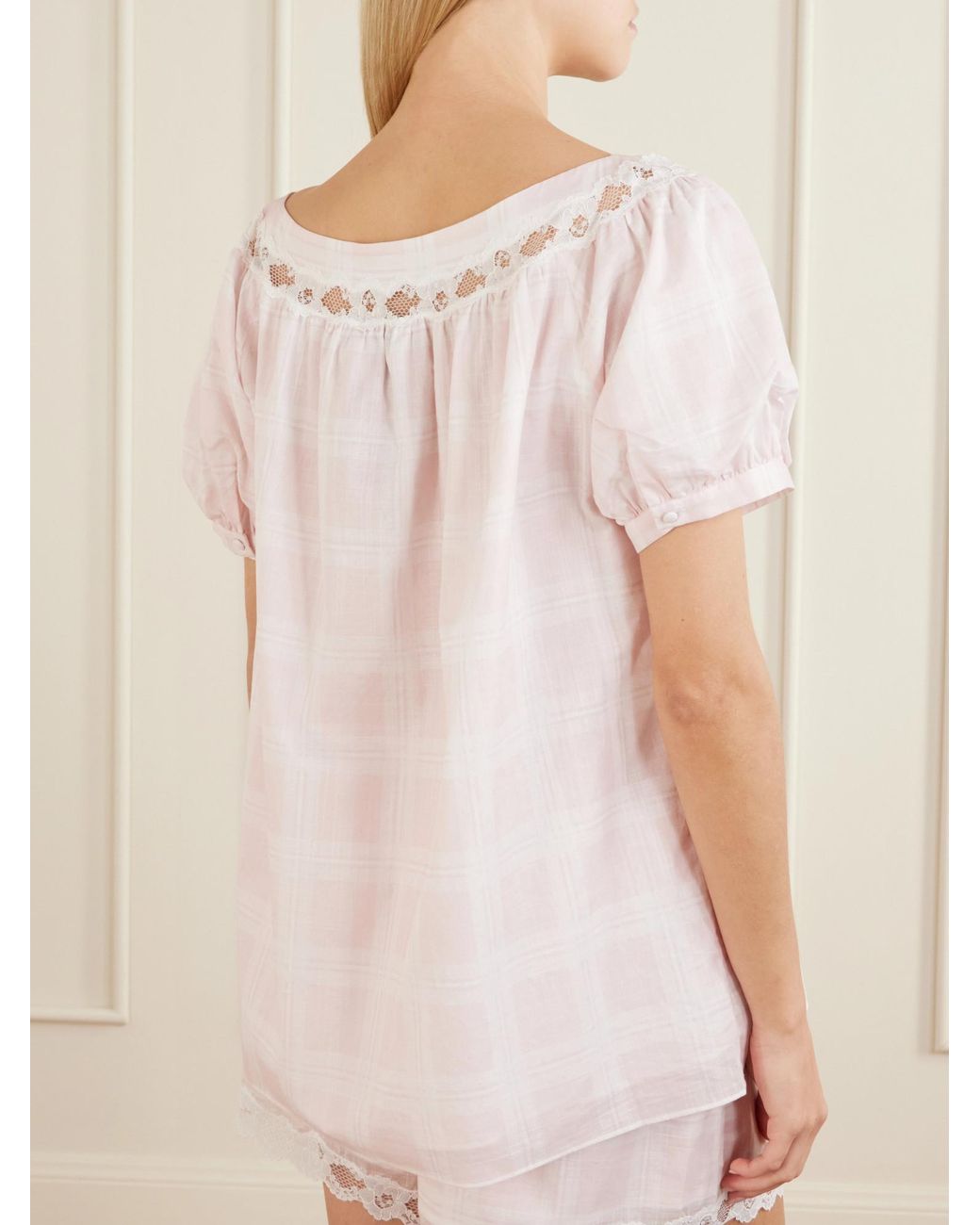 Posse White Lace-Trimmed Checked Cotton Blouse