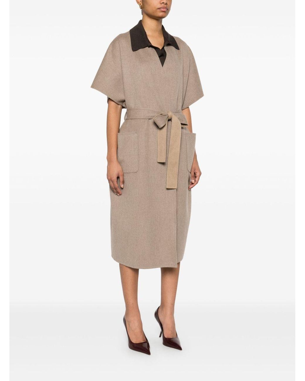 Fendi Natural Short Sleeved V-Neck Belted Coat