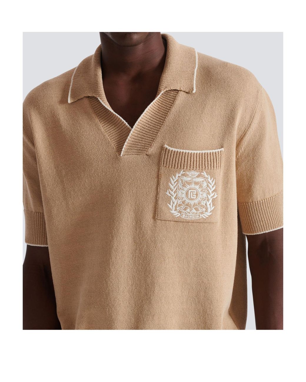 Balmain Natural Knitted Crest-Detail Polo Shirt for men