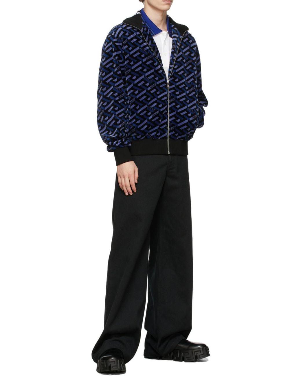 Versace Blue Intarsia-Knit Logo Straight Hem Polo Shirt for men