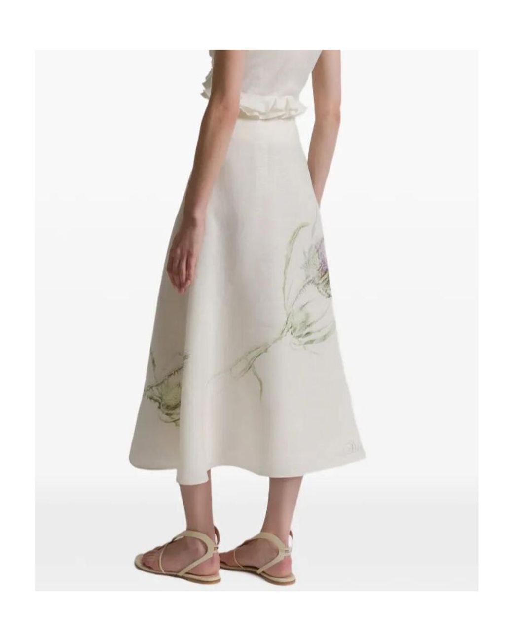 Alberta Ferretti White Linen Midi Skirt With A Floral Pattern