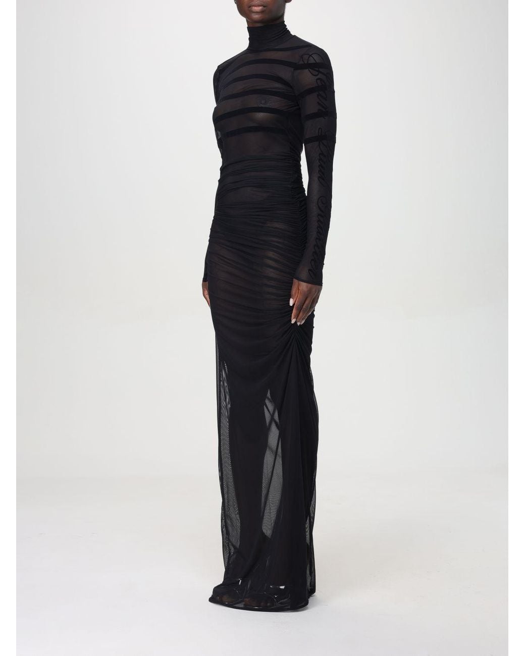 Jean Paul Gaultier Black Flocked-Stripe Mesh Maxi Dress