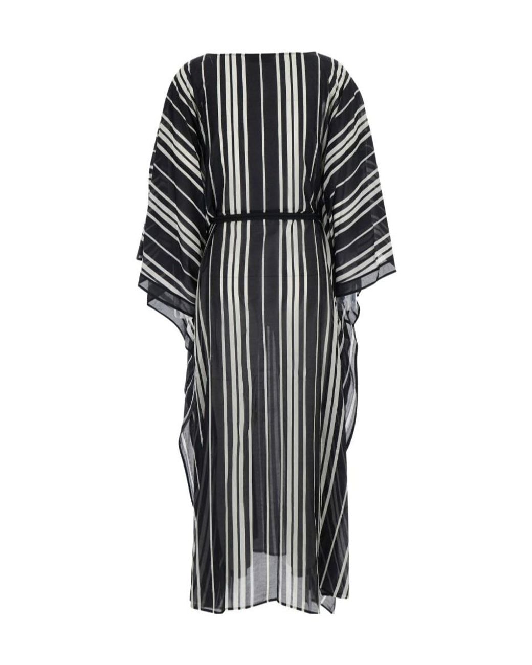 Tory Burch Black And Caftan With Waist Belt And Striped Motif In