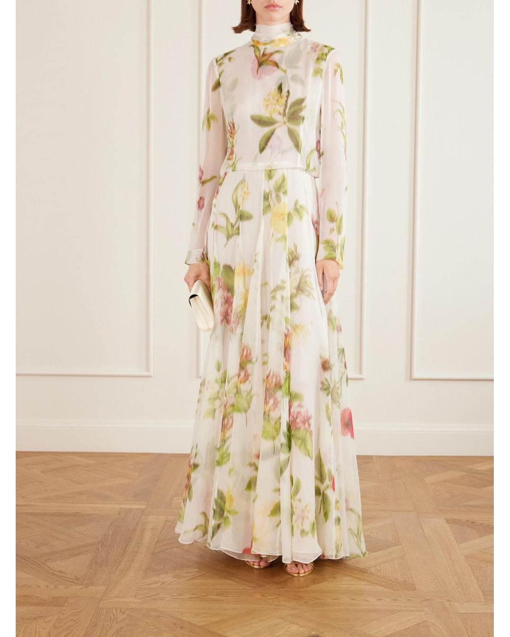 Oscar de la Renta Metallic Dominican Floral-Print Silk-Chiffon Gown