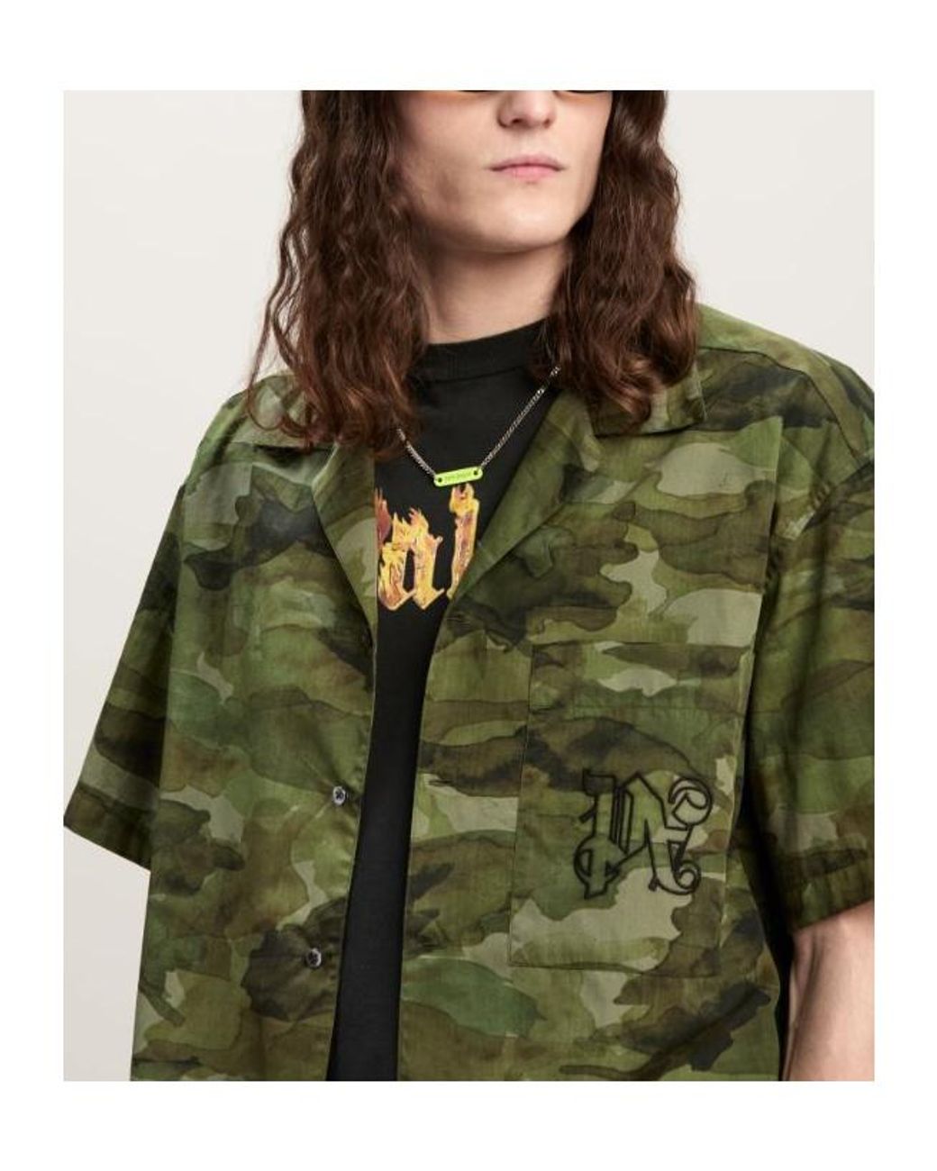 Palm Angels Green Camouflage Printed Short Sleeved Shirt for men