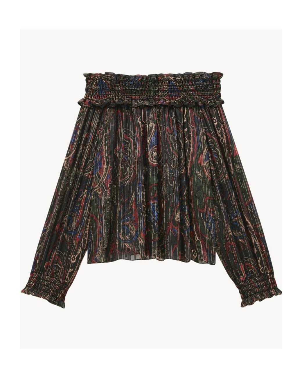 Saint Laurent Brown Off-Shoulder Smocked Blouse