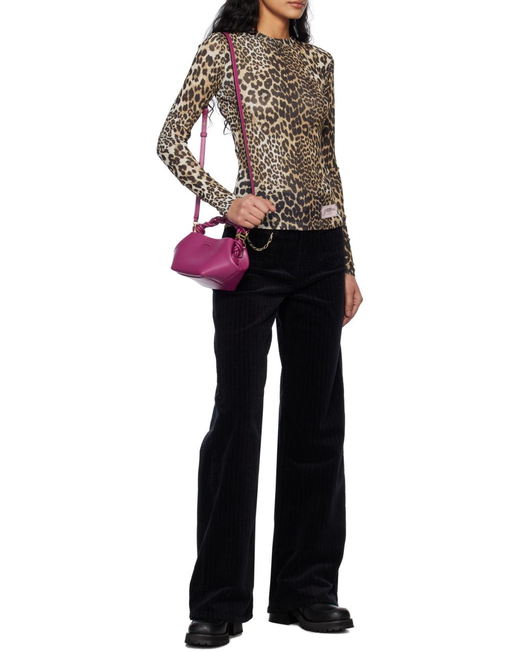 Ganni Brown Leopard Printed Mesh Long-Sleeved Top