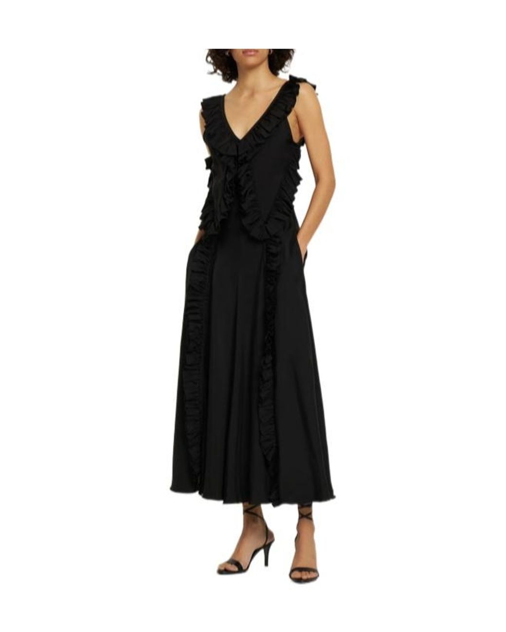 Jil Sander Black Washed Satin Frill Midi Dress