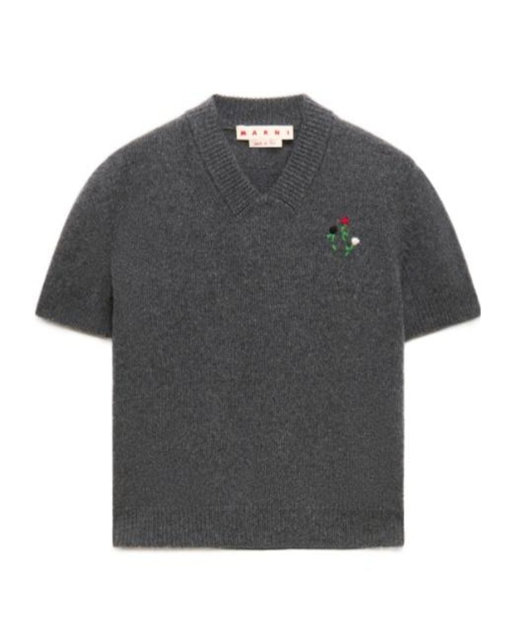 Marni Gray Floral-Embroidered Short Sleeved Jumper