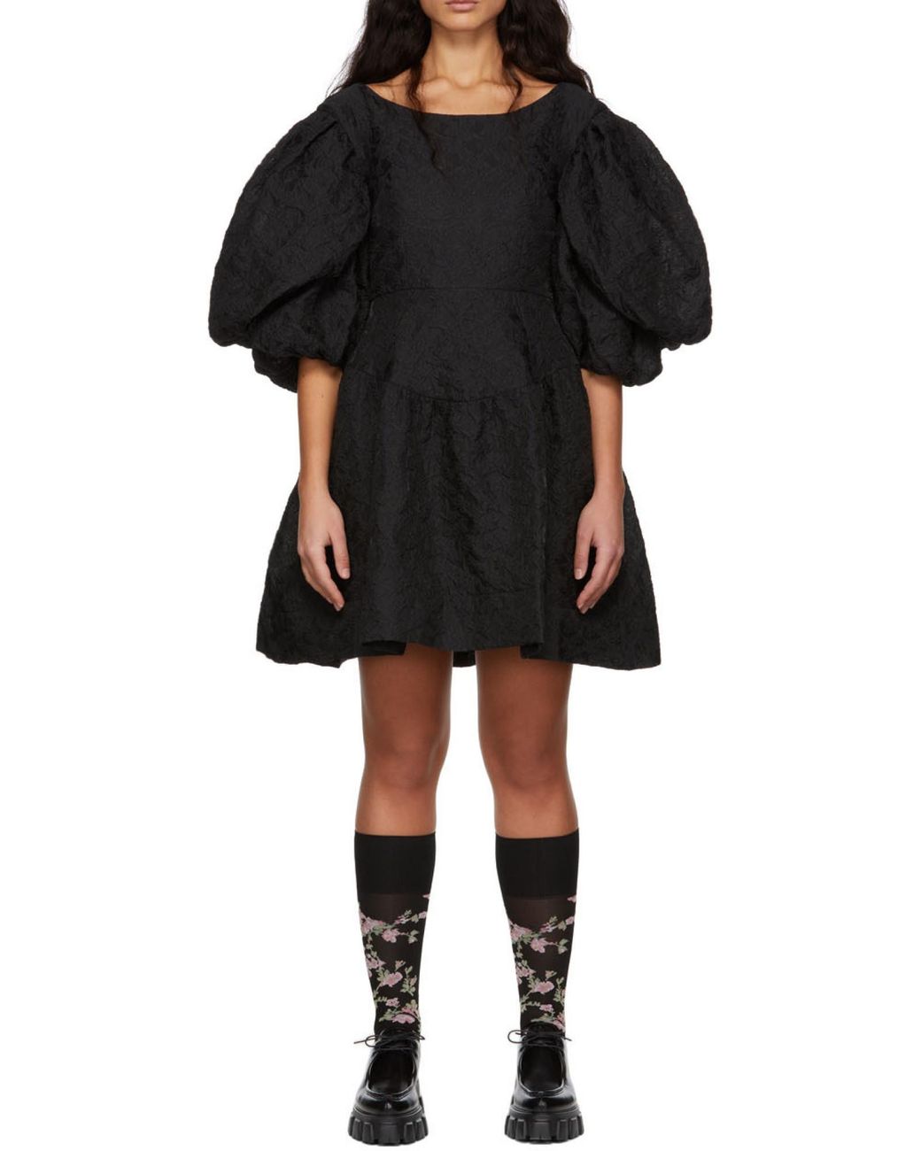 Simone Rocha Black Jacquard Puff-Sleeve Mini Dress