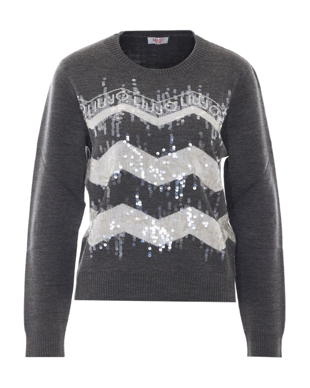Liu Jo Gray Sequined Zigzag Knitted Sweater