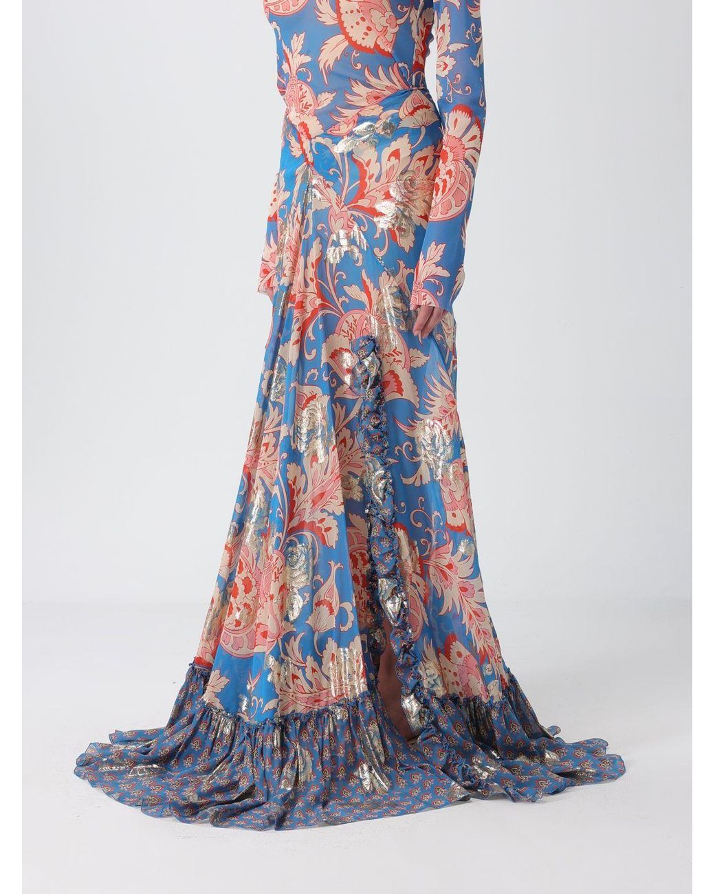 Etro Blue Long Printed Silk Skirt With Laminated Details