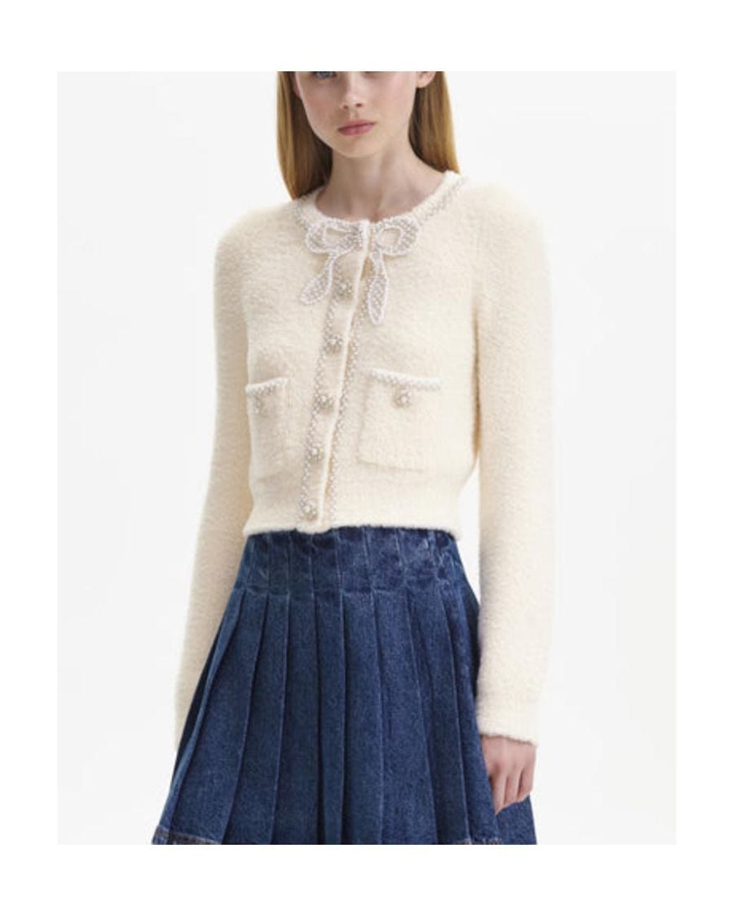 Self-Portrait Blue Faux Pearl-Embellished Cropped Cardigan