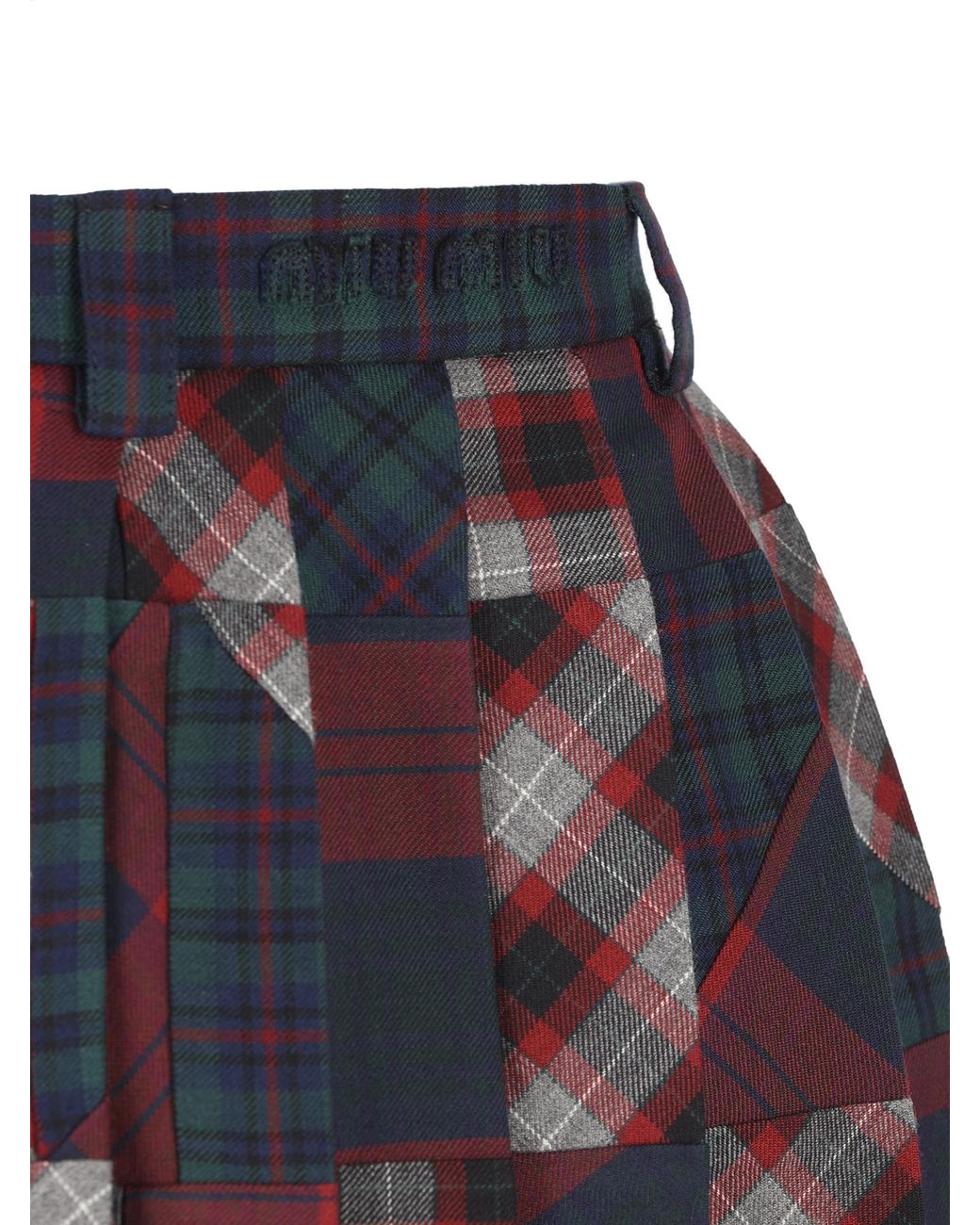 Miu Miu Red Pleated Plaid Patchwork Miniskirt