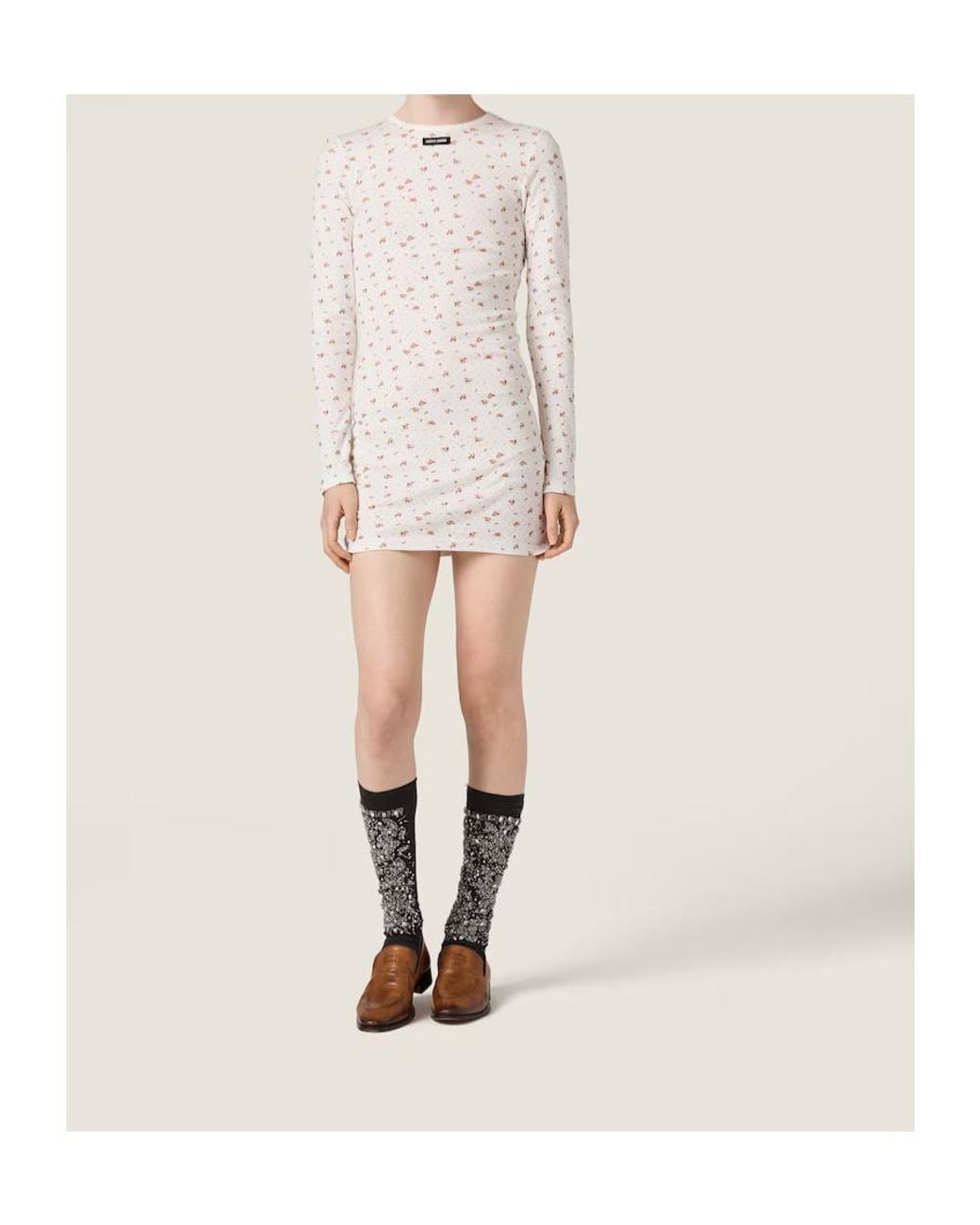 Miu Miu White Long-Sleeved Ribbed Dress