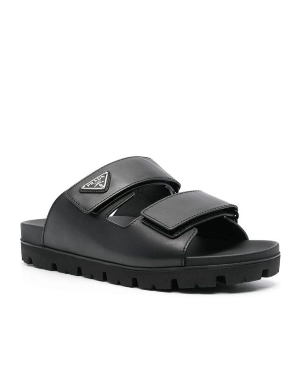 Prada Black Enamel-Triangle Slip-On Sandals for men