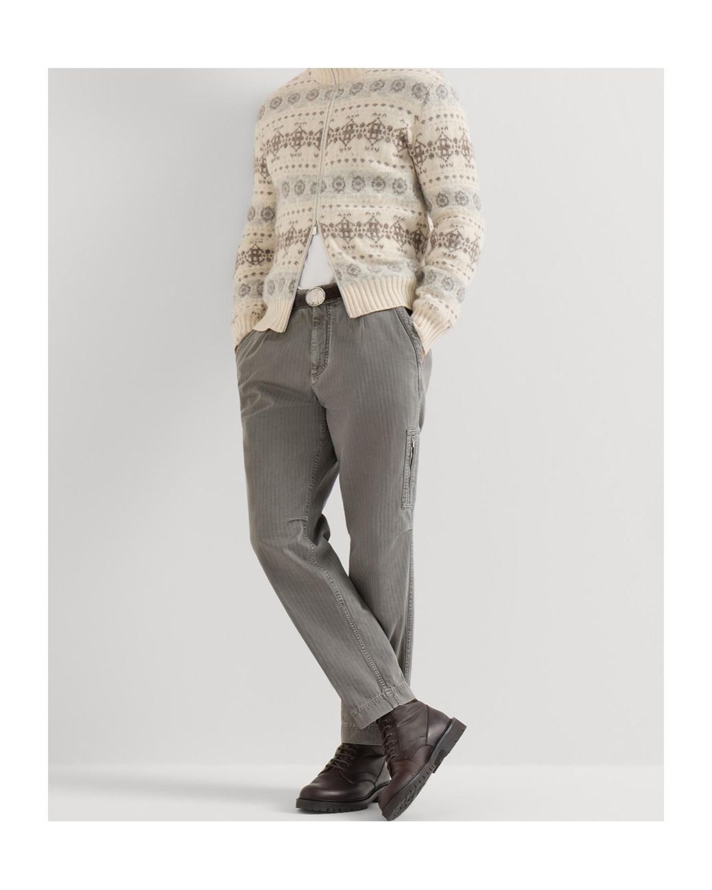 Brunello Cucinelli Gray Cotton Chevron Trousers With Zipped Pocket for men