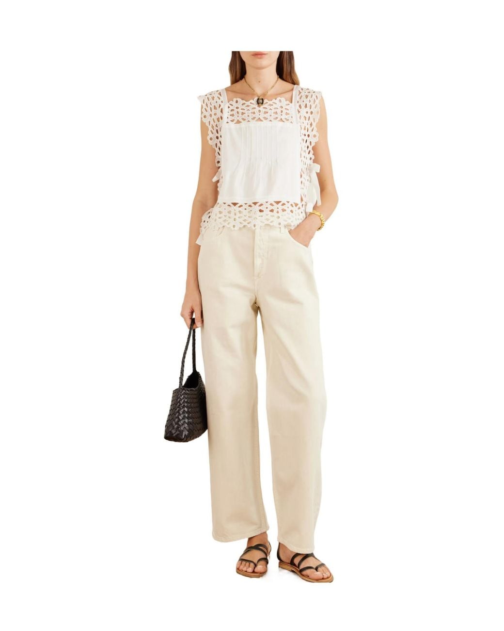 Sea White Leila Bow-Embellished Broderie Anglaise-Trimmed Cotton Top