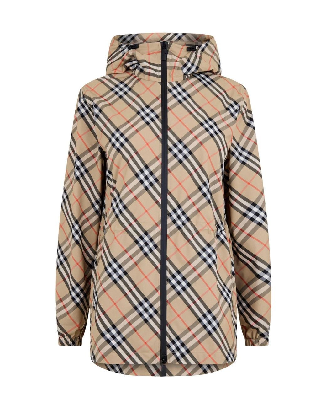 Burberry White Diagonal Check Hooded Mid-Length Coat