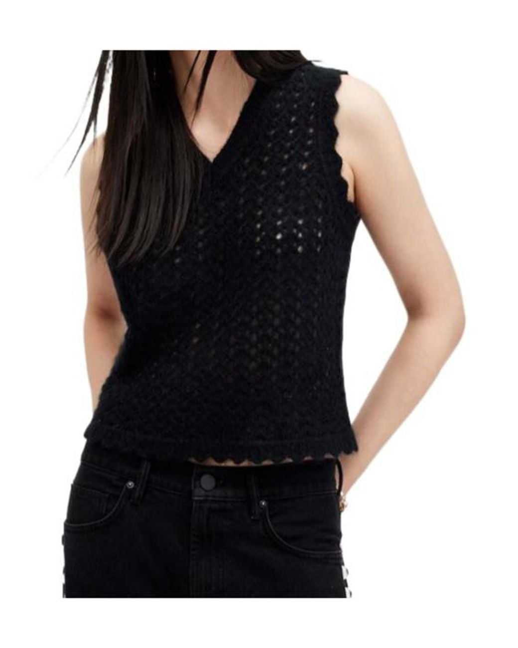 AllSaints Black Vivian Scalloped Tank Top