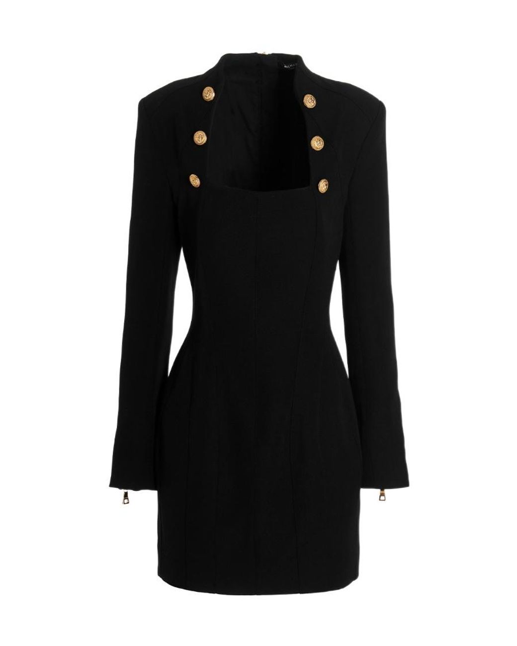 Balmain Black Square-Neck Wool Mini Dress