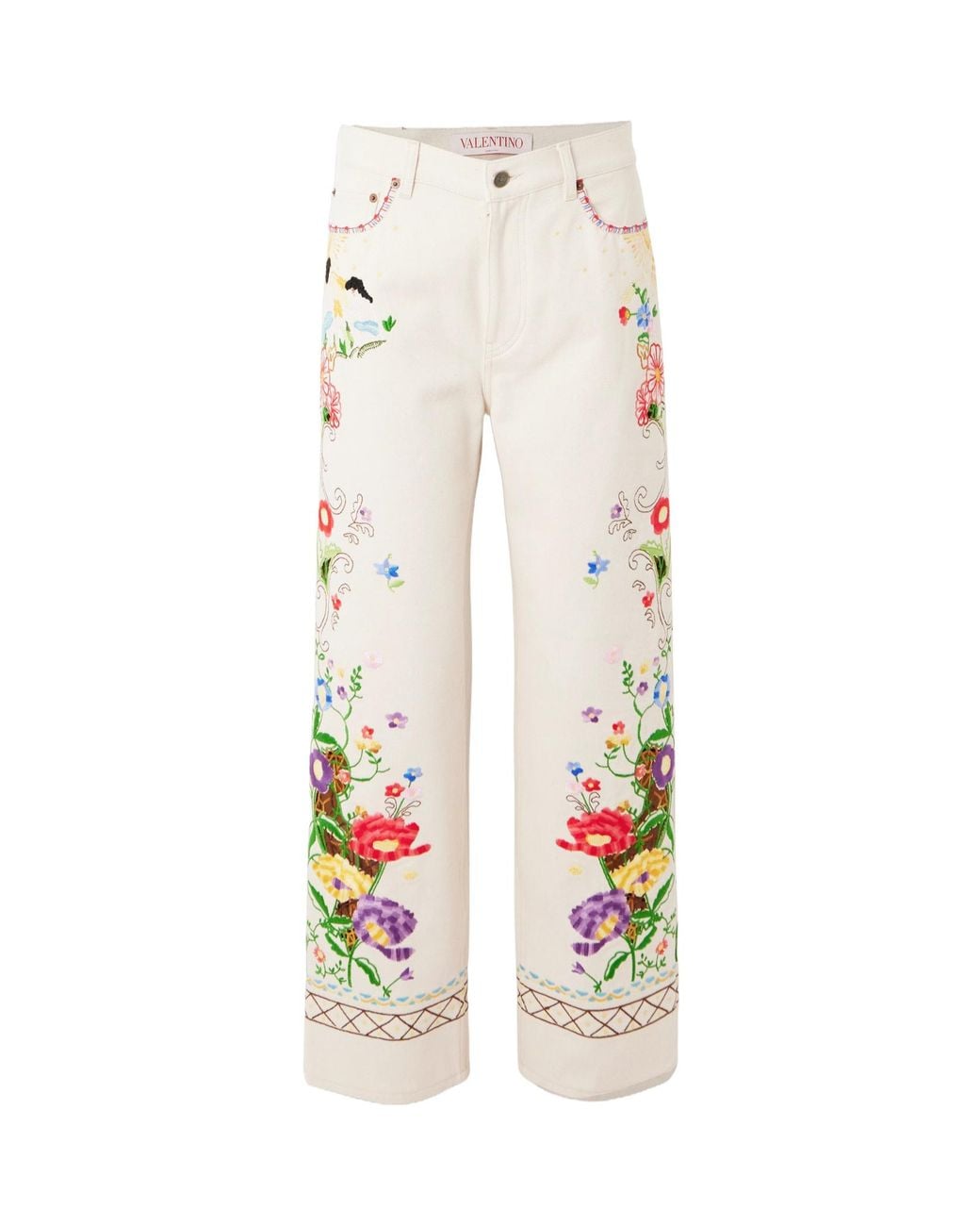 Valentino White Logo Patch Floral Patterned Jeans