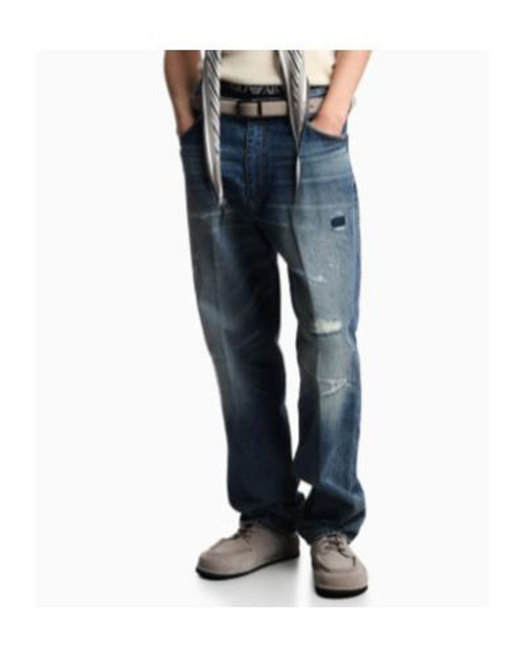Emporio Armani Blue Distressed Straight Leg Jeans for men