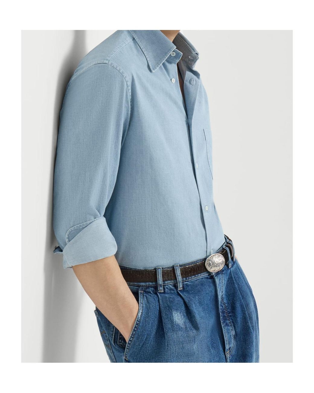Brunello Cucinelli Blue Lightweight Denim Shirt With Italian Collar And Chest Pocket for men